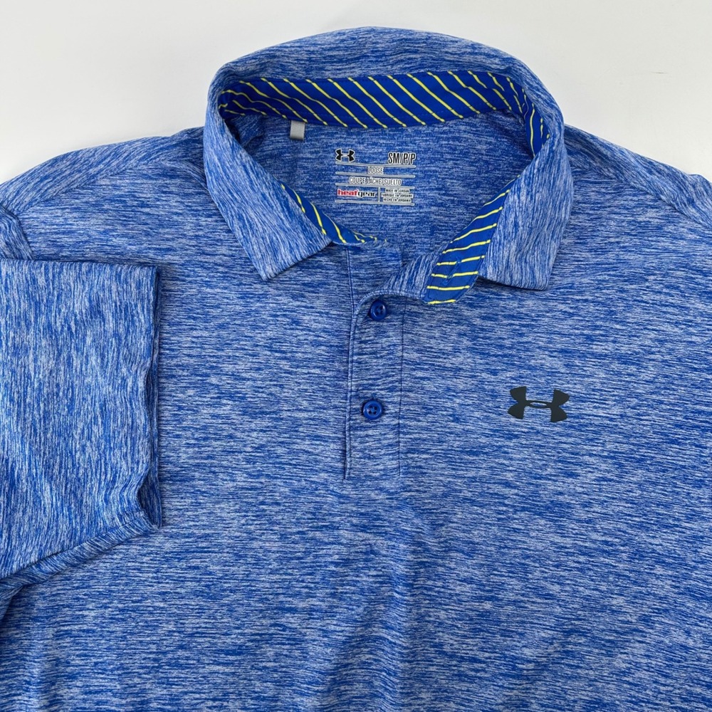 Under Armour Polo Shirt Mens Small Blue Heathered HeatGear Loose Fit Athletic